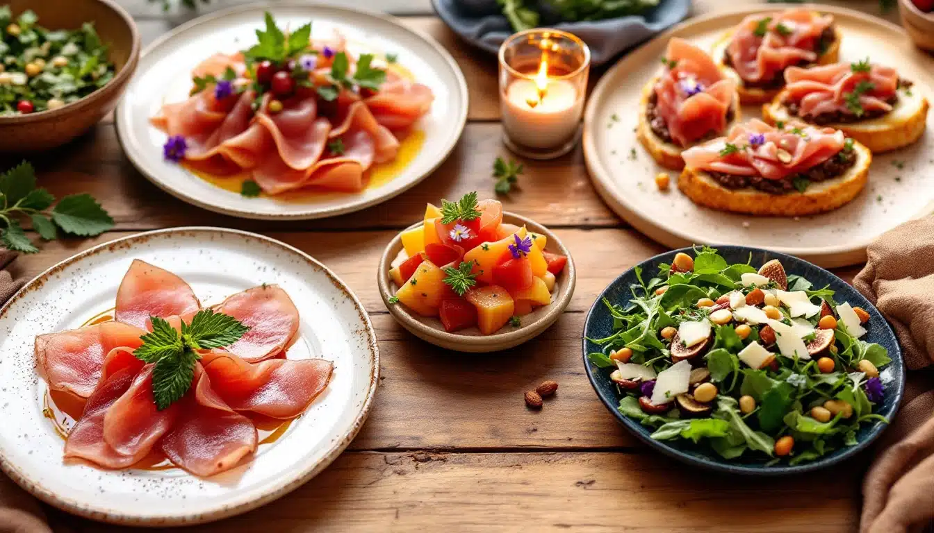 Assiettes de charcuterie et salade sur table.