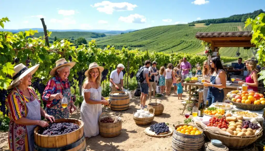 Dégustation de vin dans un vignoble ensoleillé.