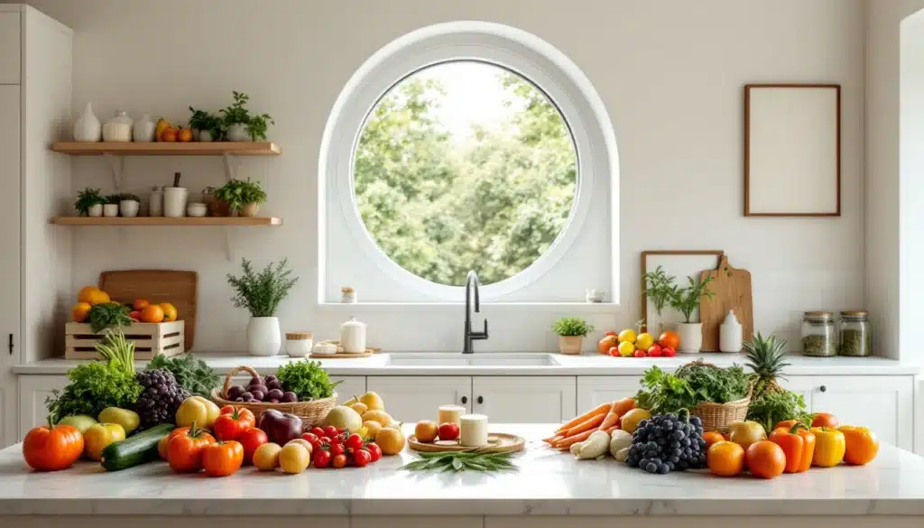 Cuisine lumineuse avec fruits et légumes sur le comptoir.