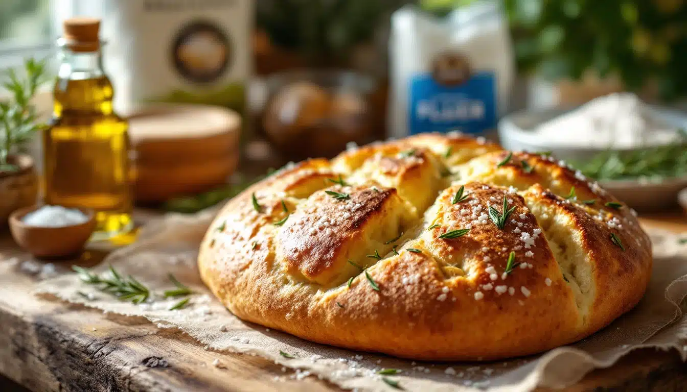 Pain focaccia avec romarin et sel.