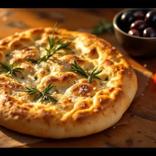 Focaccia garnie de romarin, noir olives, et tomates.