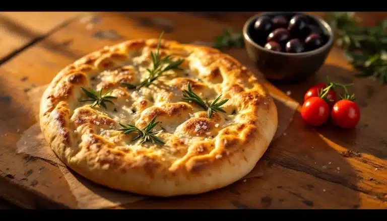 Focaccia garnie de romarin, noir olives, et tomates.