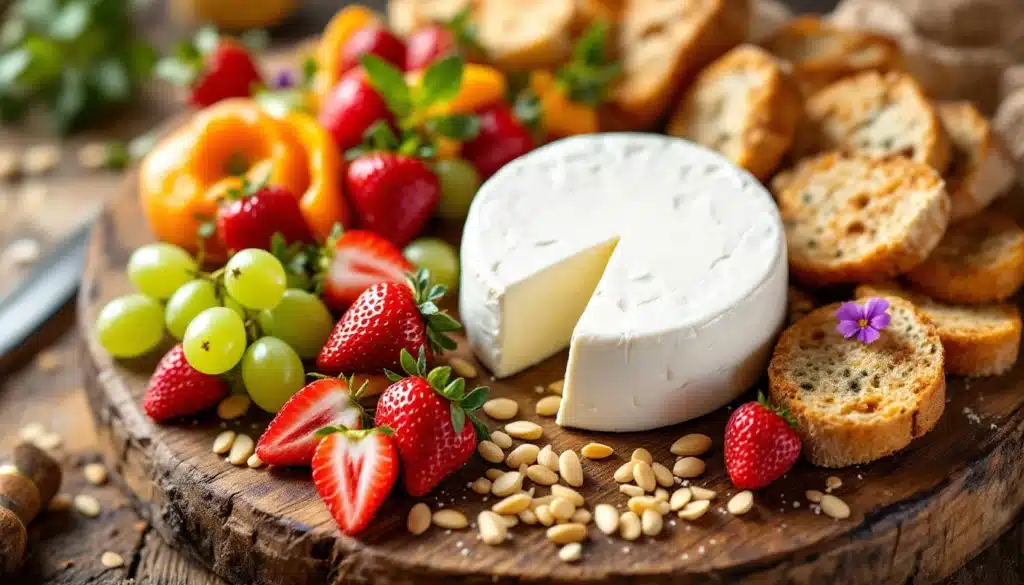 Plateau de fromages, fruits et pain croquant.