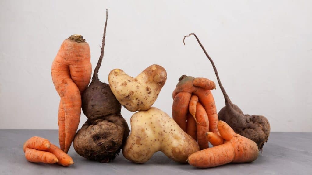 Légumes difformes sur fond gris clair.