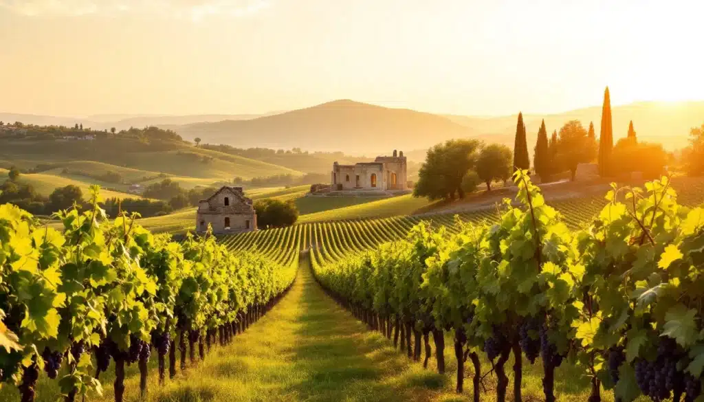 Vignoble provençal au coucher du soleil.