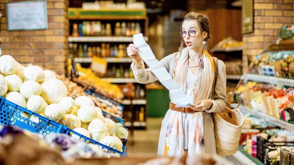 Femme étonnée au supermarché avec une longue liste