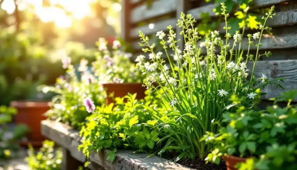 Jardin ensoleillé avec fleurs en pots
