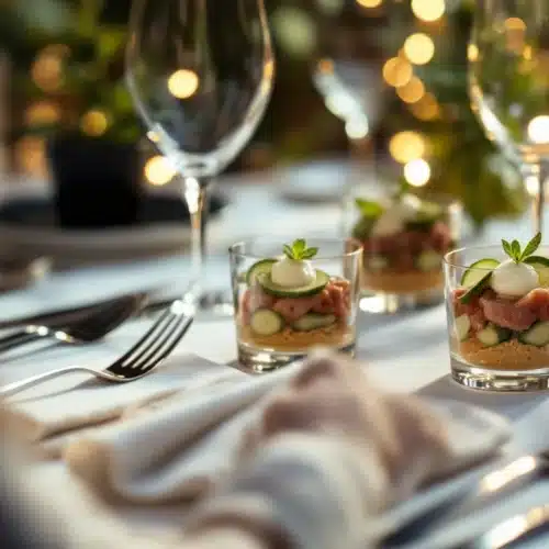 Verres apéritifs élégants sur table dressée.