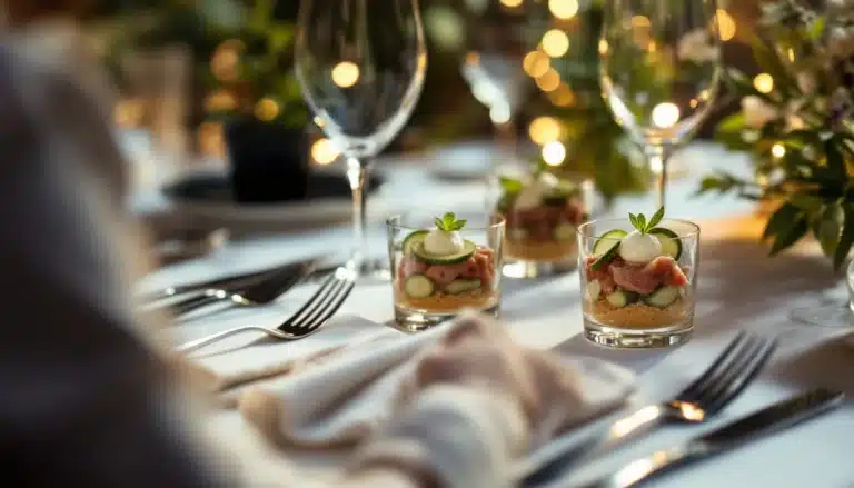 Verres apéritifs élégants sur table dressée.