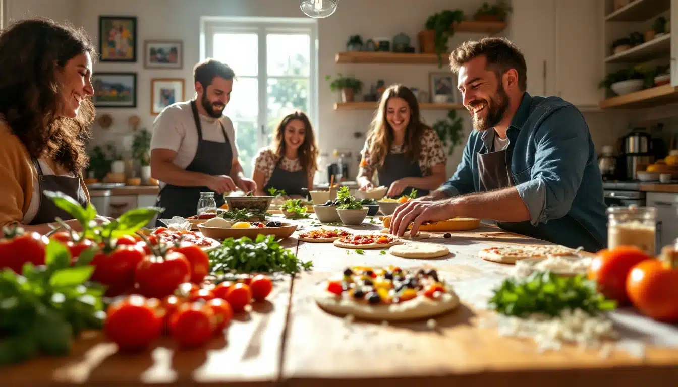 Groupe cuisinant des pizzas ensemble dans une cuisine.