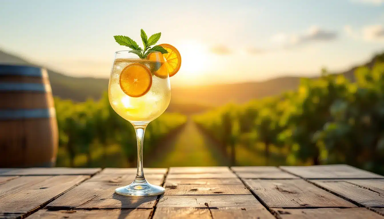 Cocktail au coucher de soleil dans un vignoble.