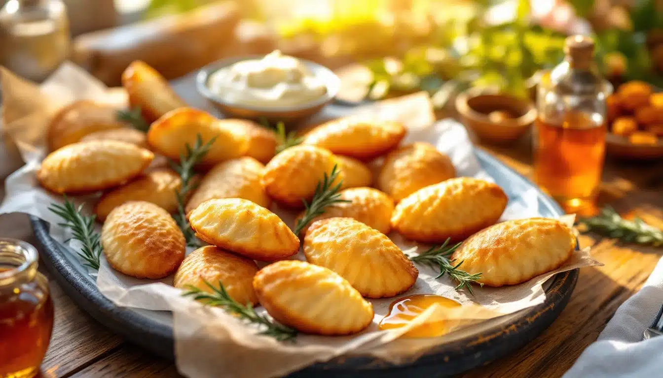 Petits pâtés dorés sur une table en bois.