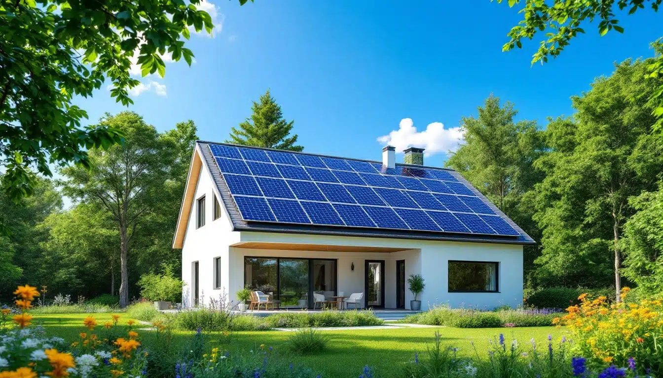 Maison avec panneaux solaires sur le toit