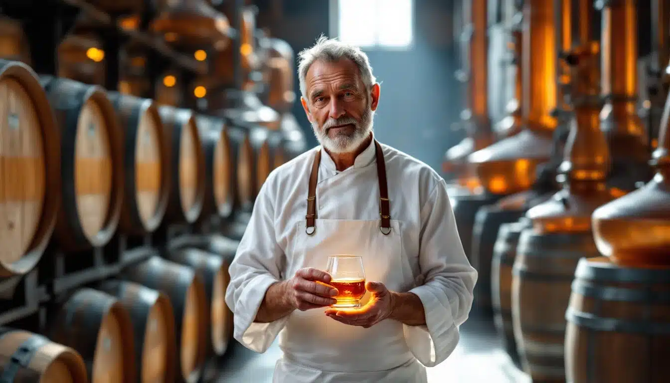 Homme avec verre de whisky dans distillerie