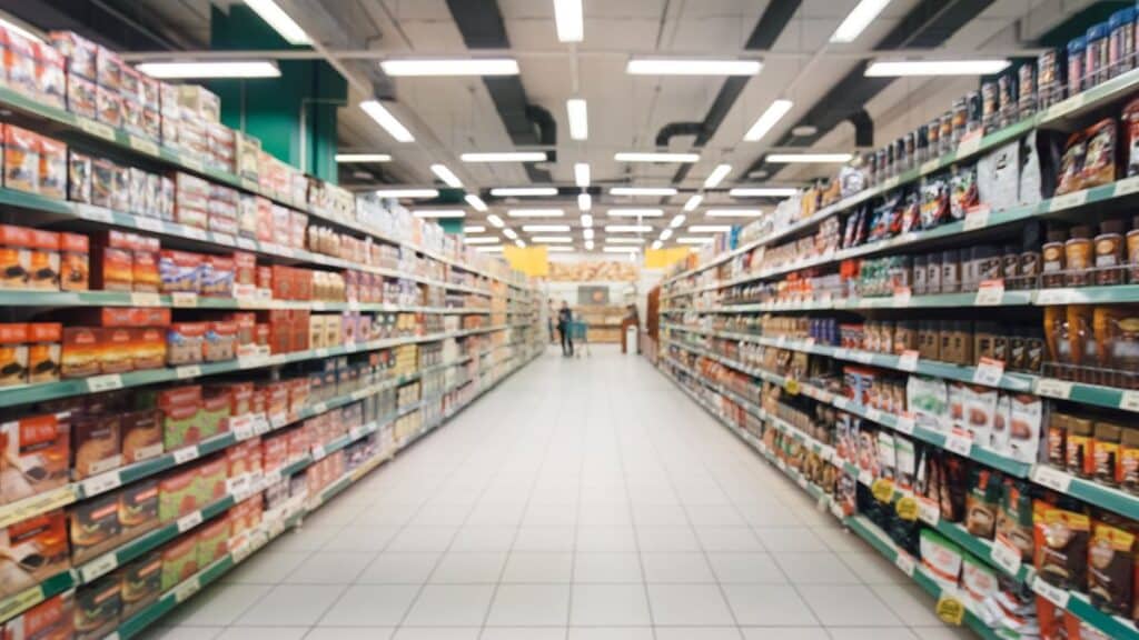Rayons de supermarché avec produits alimentaires divers
