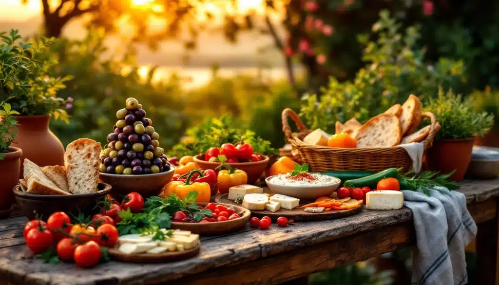Table méditerranéenne avec légumes, pain et fromages.