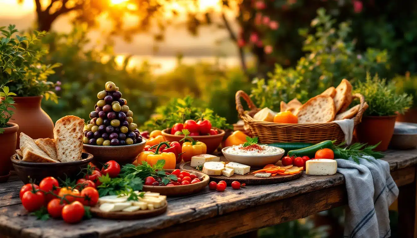 Table méditerranéenne avec légumes, pain et fromages.