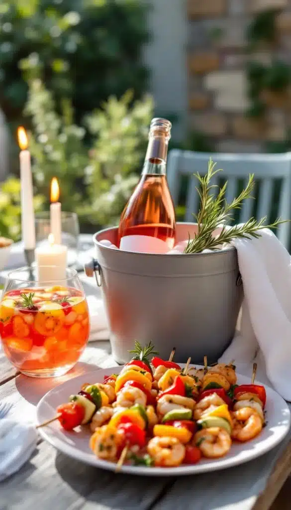 Repas extérieur avec brochettes et vin rosé.