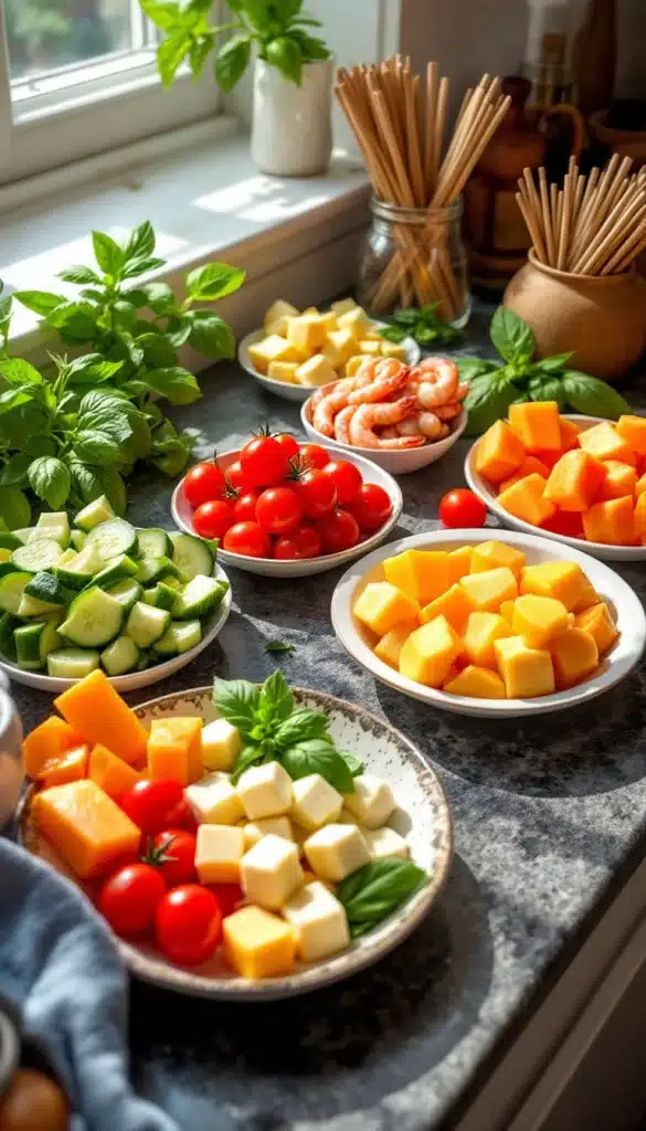 Assortiment coloré de fruits, légumes et crevettes.