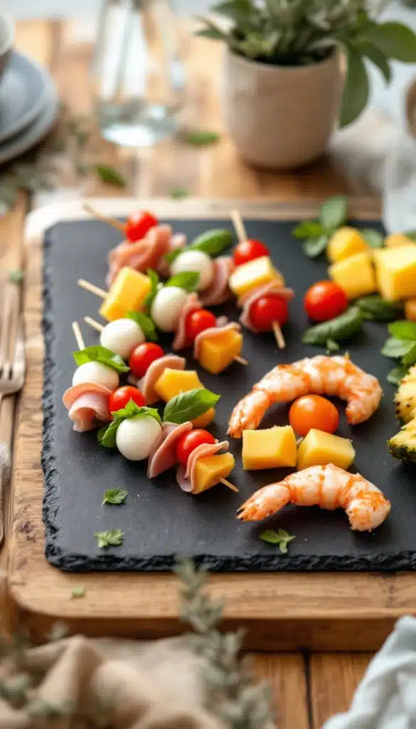Bouchées apéritives avec crevettes, fromages et tomates sur ardoise.