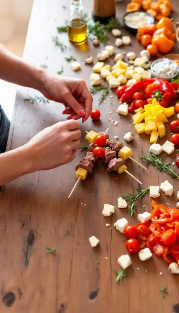 Préparation de brochettes avec légumes et fromage.