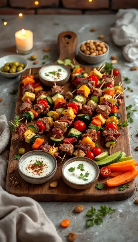 Brochettes colorées avec légumes et viande sur planche.
