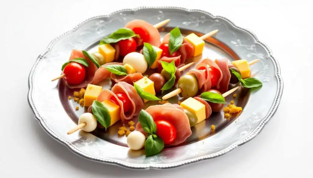 Brochettes apéritives avec fromage et légumes.