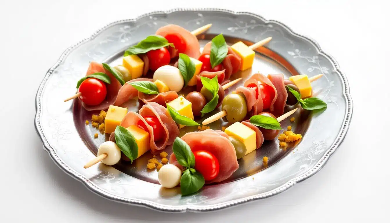 Brochettes apéritives avec fromage et légumes.