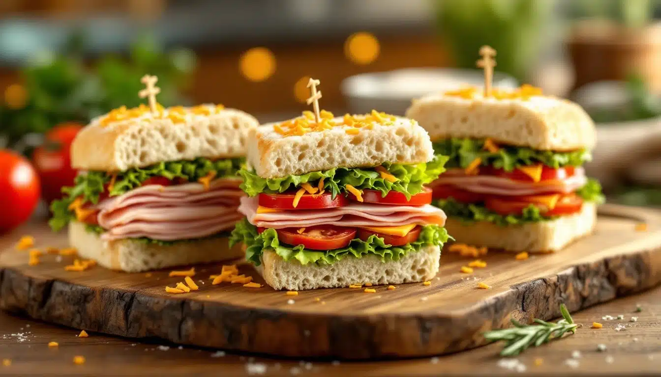 Sandwichs garnis sur planche en bois.