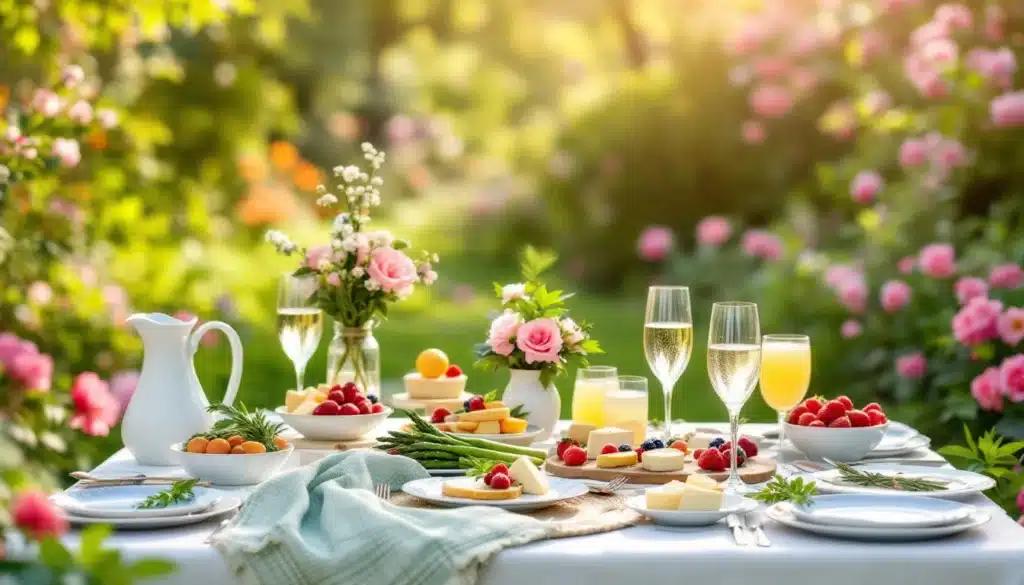 Table de jardin avec fleurs et boissons.