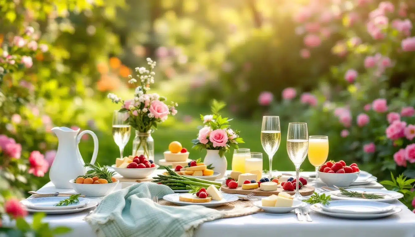 Table de jardin avec fleurs et boissons.