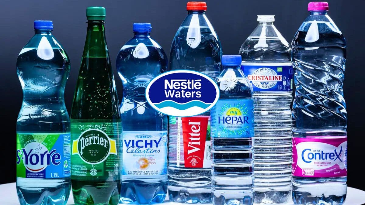 Bouteilles d'eau minérale variées de Nestlé.