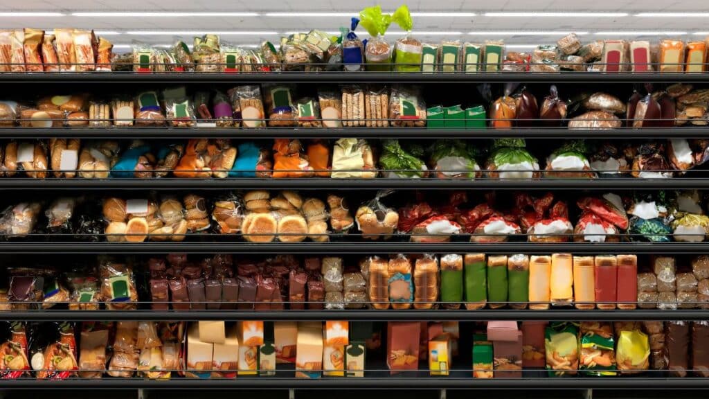 Rayon de pains et pâtisseries emballés en supermarché.