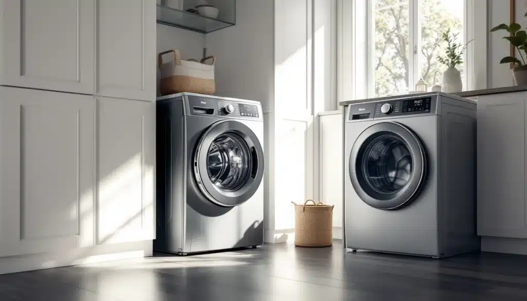 Deux lave-linge modernes dans une buanderie lumineuse.