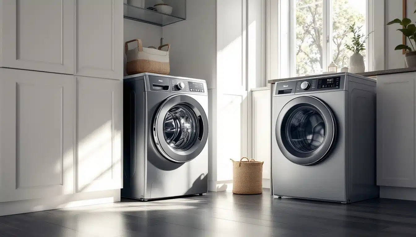 Deux lave-linge modernes dans une buanderie lumineuse.