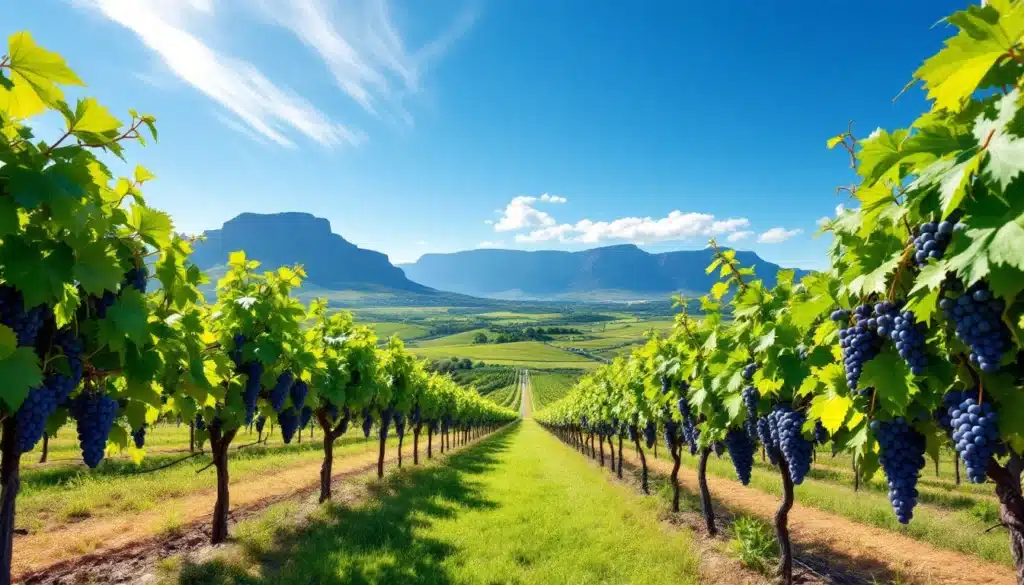Vignoble ensoleillé avec montagnes à l'horizon.
