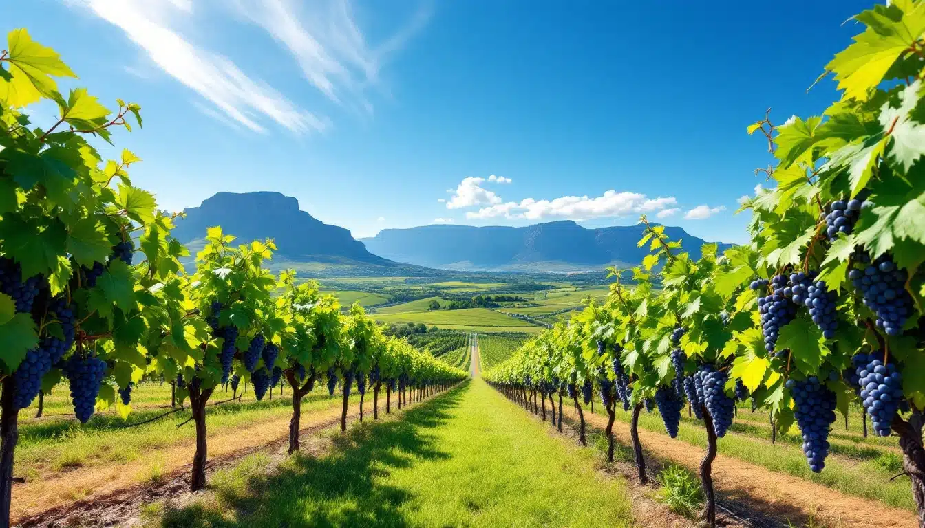 Vignoble ensoleillé avec montagnes à l'horizon.