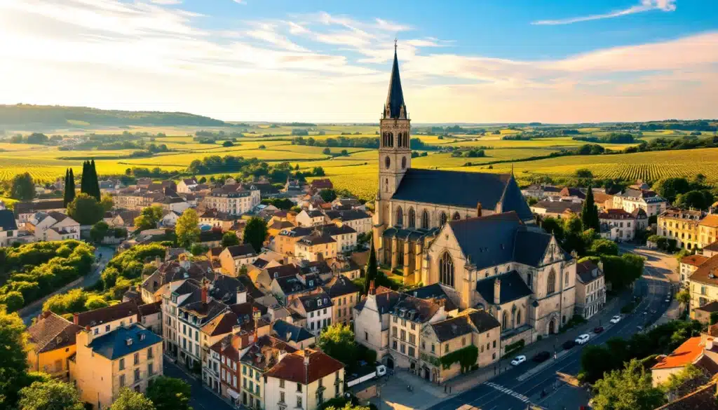 Village pittoresque avec église et champs environnants.