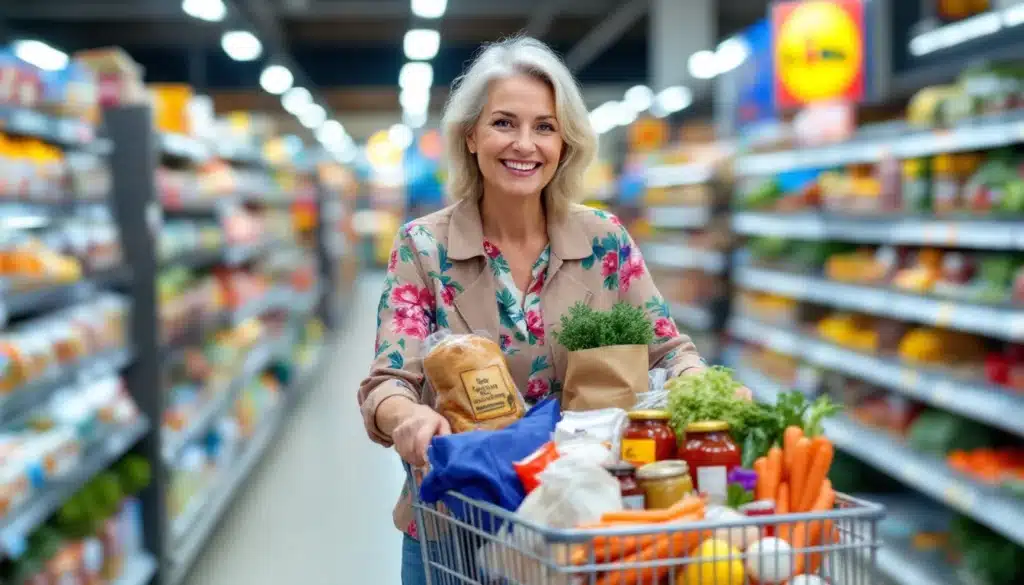 Femme souriante poussant un chariot au supermarché.