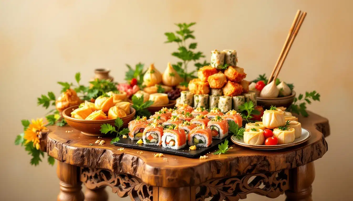 Plateau de sushis et bouchées asiatiques variées.