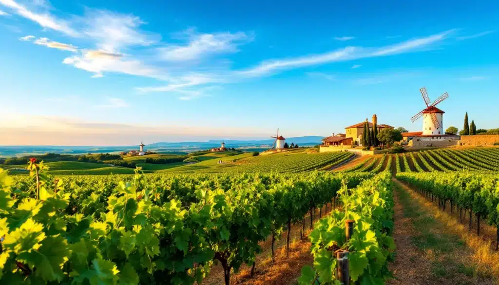 Paysage de vignobles avec moulins à vent