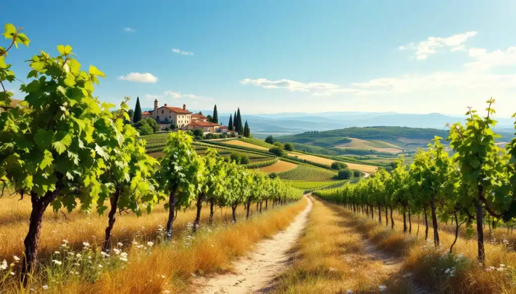 Paysage de vignobles en été avec domaine