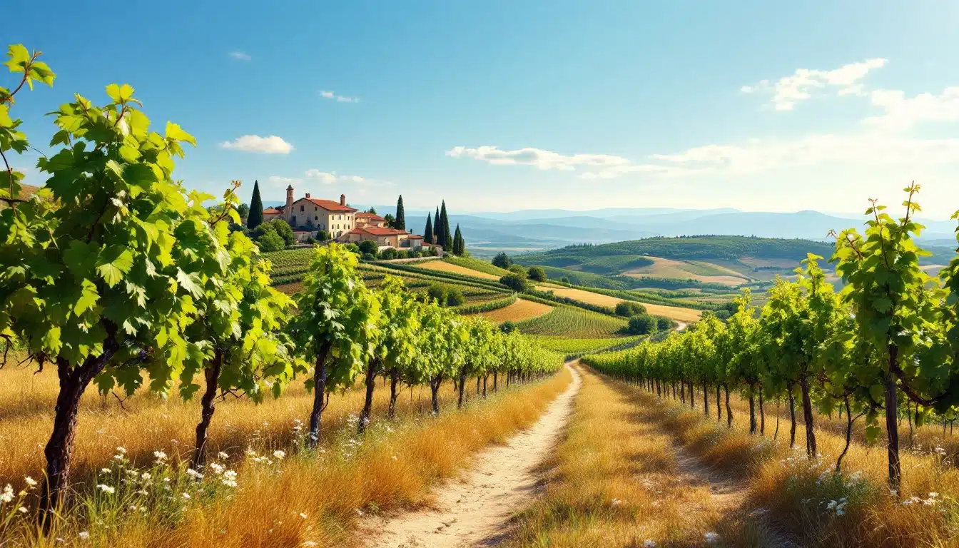Paysage de vignobles en été avec domaine