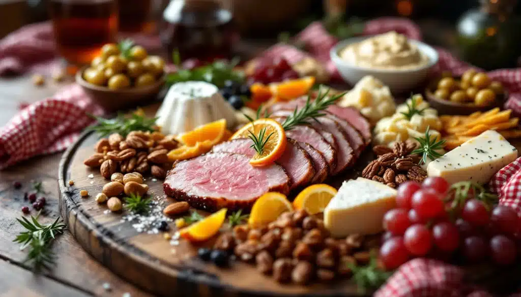 Plateau charcuterie avec fromages, noix et fruits