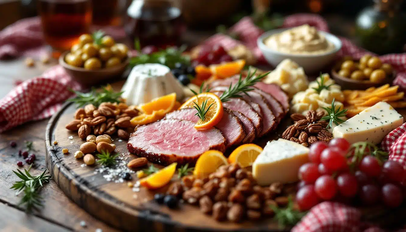 Plateau charcuterie avec fromages, noix et fruits
