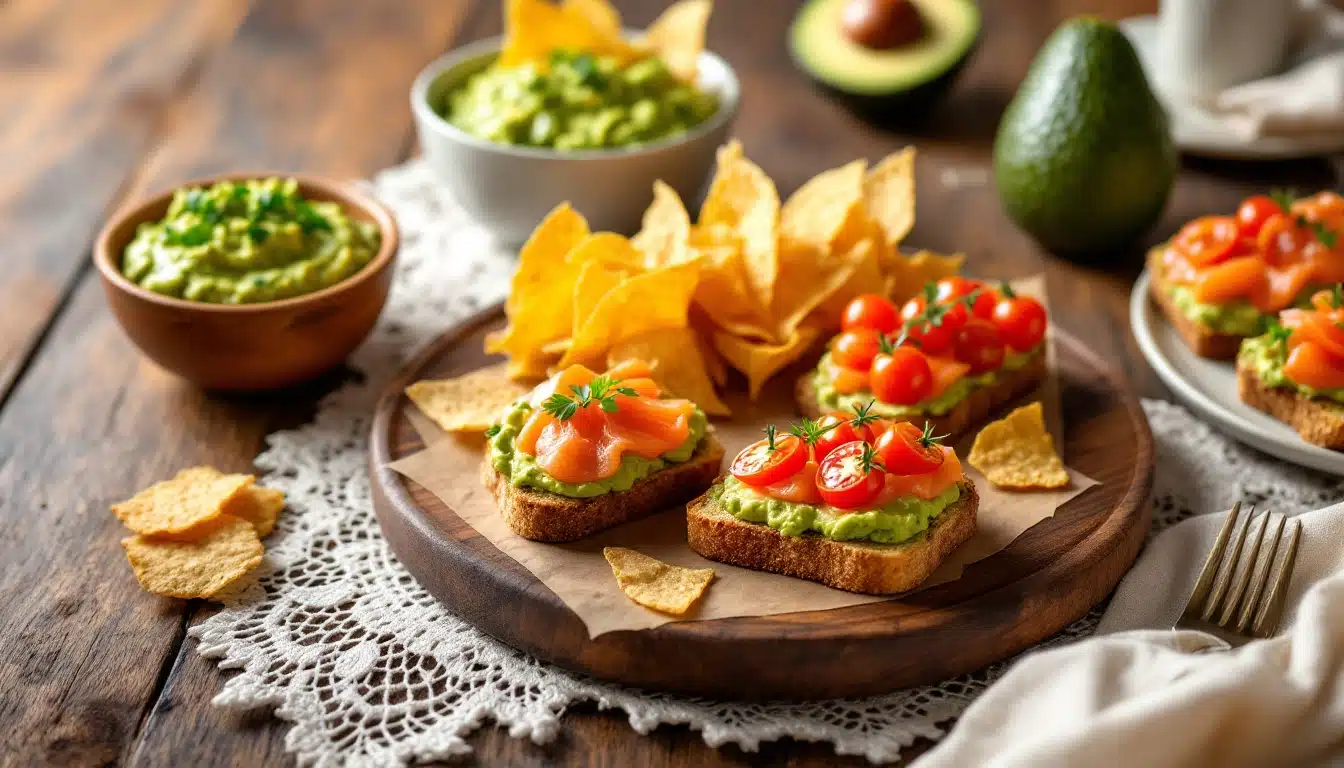 Toasts avocat saumon chips sur table en bois.