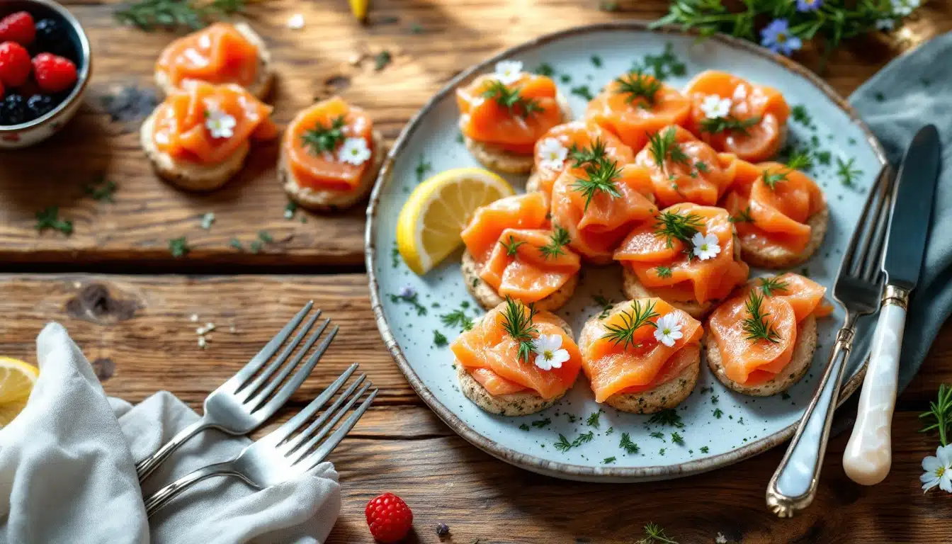 Canapés au saumon sur une table en bois rustique.