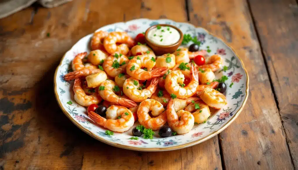 Assiette crevettes et sauce sur table en bois.