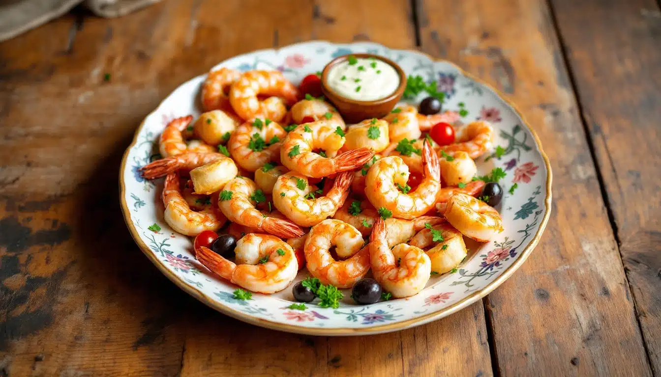 Assiette crevettes et sauce sur table en bois.