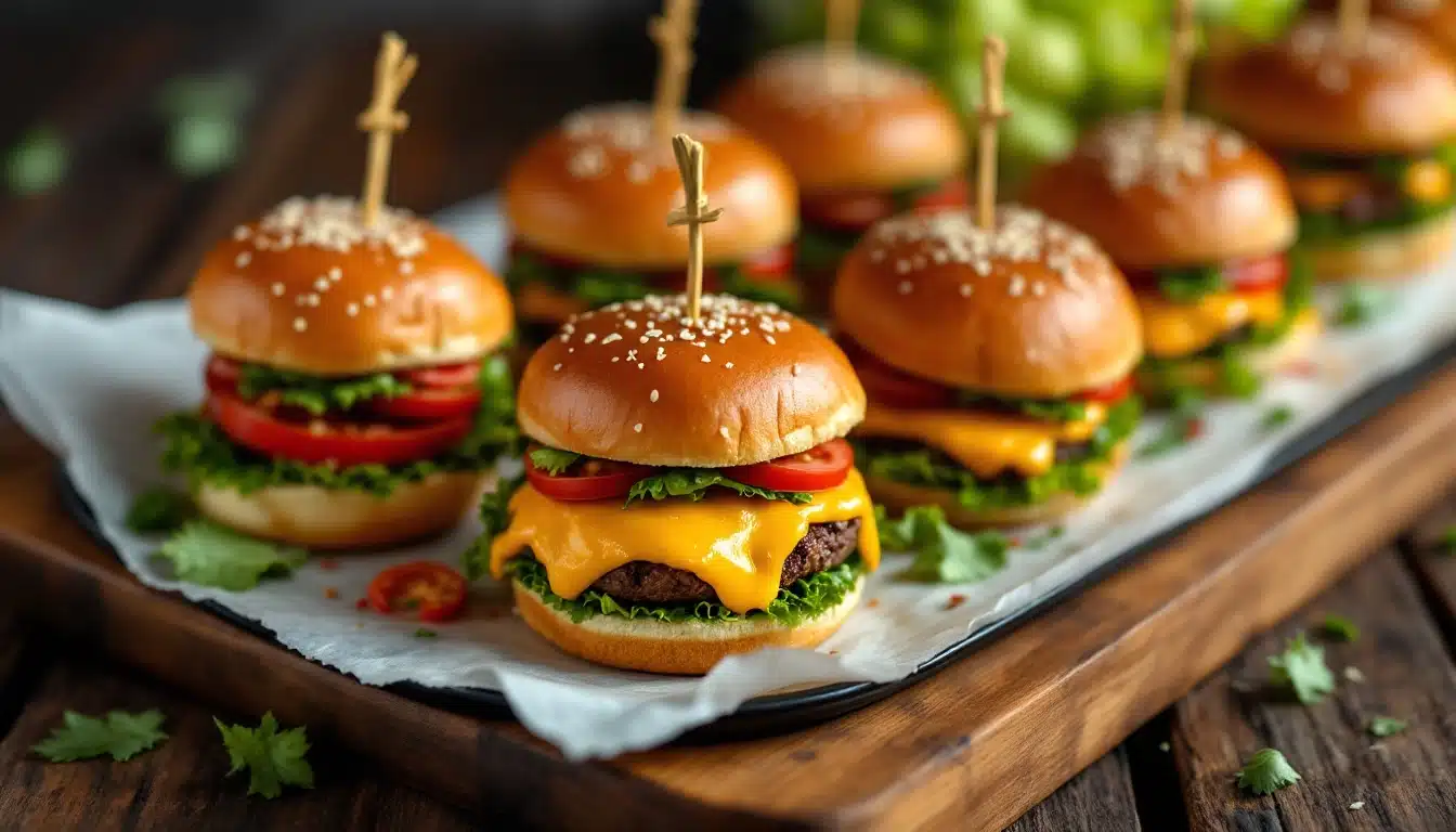 Plateau de mini-burgers au fromage et légumes.
